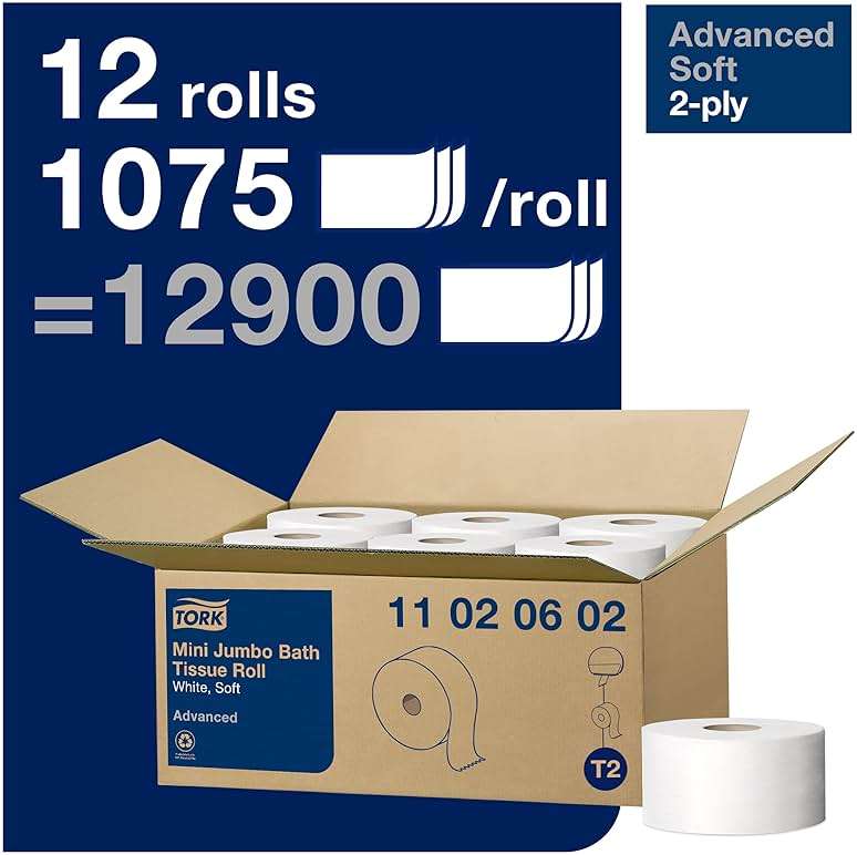 Tork Mini Jumbo Bath Tissue Roll - Toilet Paper Towels with Advanced Soft Quality, Compatible with T2 Tork Dispenser, 12 rolls x 1075, 2-Ply Sheets, Color: White, 11020602 - Image 2