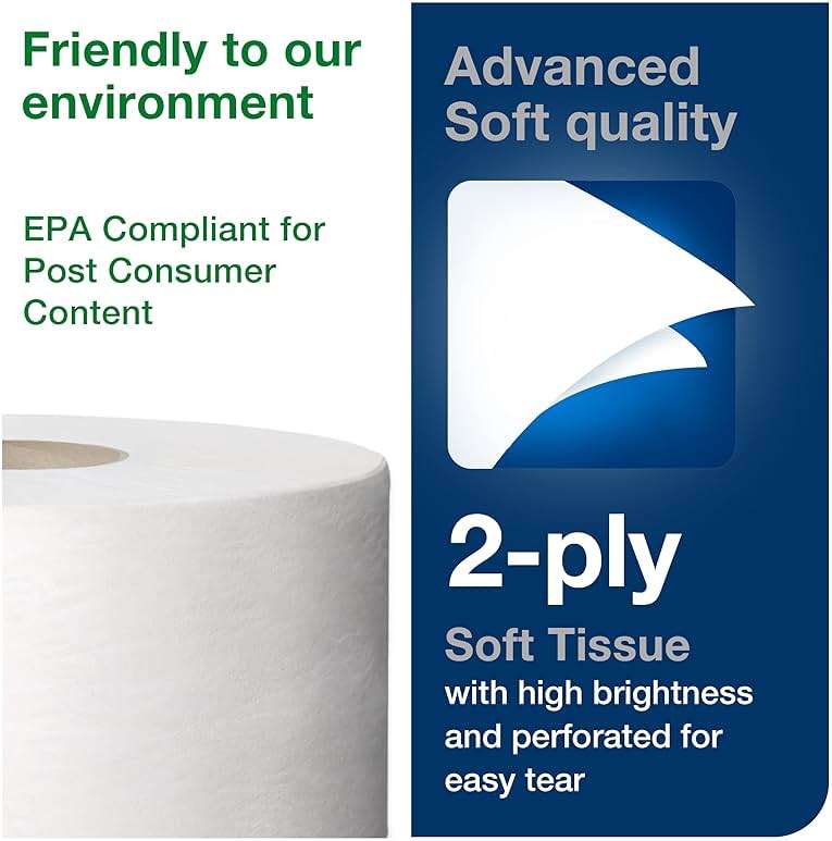 Tork Mini Jumbo Bath Tissue Roll - Toilet Paper Towels with Advanced Soft Quality, Compatible with T2 Tork Dispenser, 12 rolls x 1075, 2-Ply Sheets, Color: White, 11020602 - Image 3