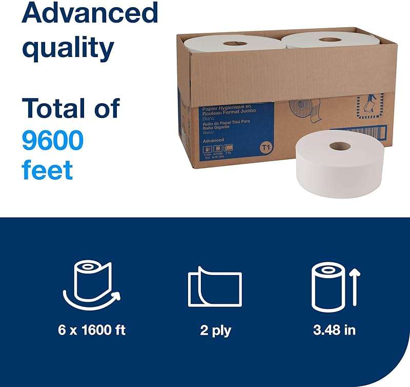 Tork Jumbo Toilet Paper Roll White T1, Advanced, 2-ply, 6 x 1600 feet, 12021502, 6 Count (Pack of 1) - Image 2