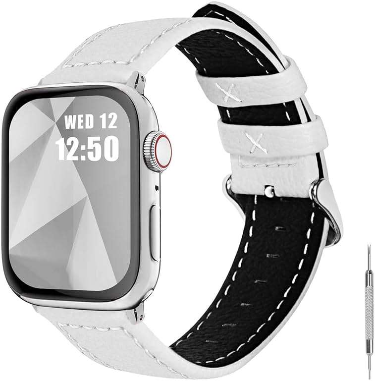 Fullmosa Compatible with Apple Watch Band Leather 38mm 40mm 41mm 42mm for iWatch Series 11/10/9/8/7/6/5/4/3/2/1, SE3/2/1, White + silver buckle - Image 1
