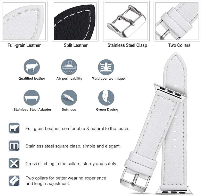 Fullmosa Compatible with Apple Watch Band Leather 38mm 40mm 41mm 42mm for iWatch Series 11/10/9/8/7/6/5/4/3/2/1, SE3/2/1, White + silver buckle - Image 4