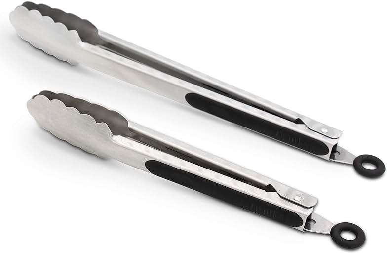 304 Stainless Steel Kitchen Cooking Tongs, 9" and 12" Set of 2 Sturdy Grilling Barbeque Brushed Locking Food Tongs with Ergonomic Grip, Black - Image 1