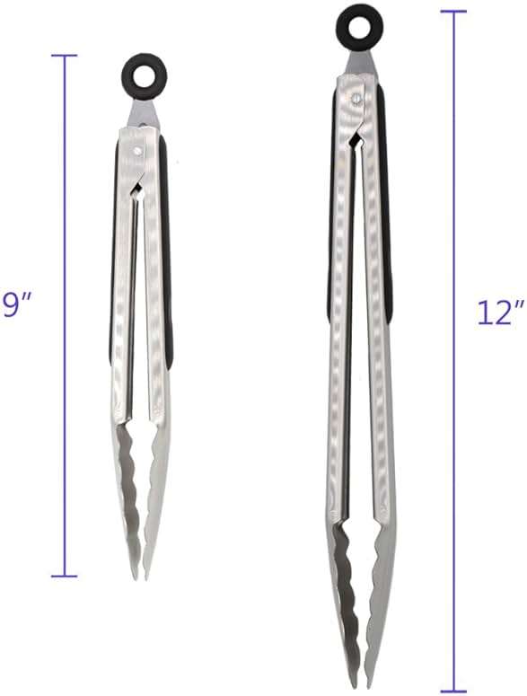 304 Stainless Steel Kitchen Cooking Tongs, 9" and 12" Set of 2 Sturdy Grilling Barbeque Brushed Locking Food Tongs with Ergonomic Grip, Black - Image 3