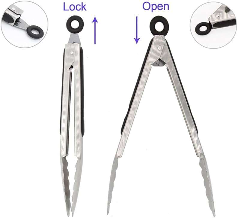 304 Stainless Steel Kitchen Cooking Tongs, 9" and 12" Set of 2 Sturdy Grilling Barbeque Brushed Locking Food Tongs with Ergonomic Grip, Black - Image 5