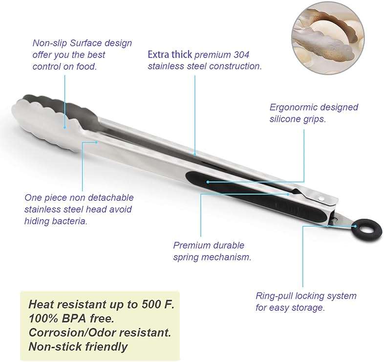 304 Stainless Steel Kitchen Cooking Tongs, 9" and 12" Set of 2 Sturdy Grilling Barbeque Brushed Locking Food Tongs with Ergonomic Grip, Black - Image 6