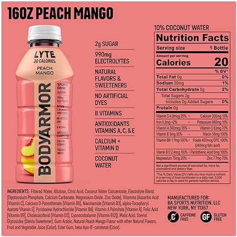 BODYARMOR LYTE, Peach Mango, Electrolyte Drink, 20 Calories, 16 Fl Oz Bottles (12 Pack), Coconut Water Sports Drink, Natural Flavor & B Vitamins - Image 2