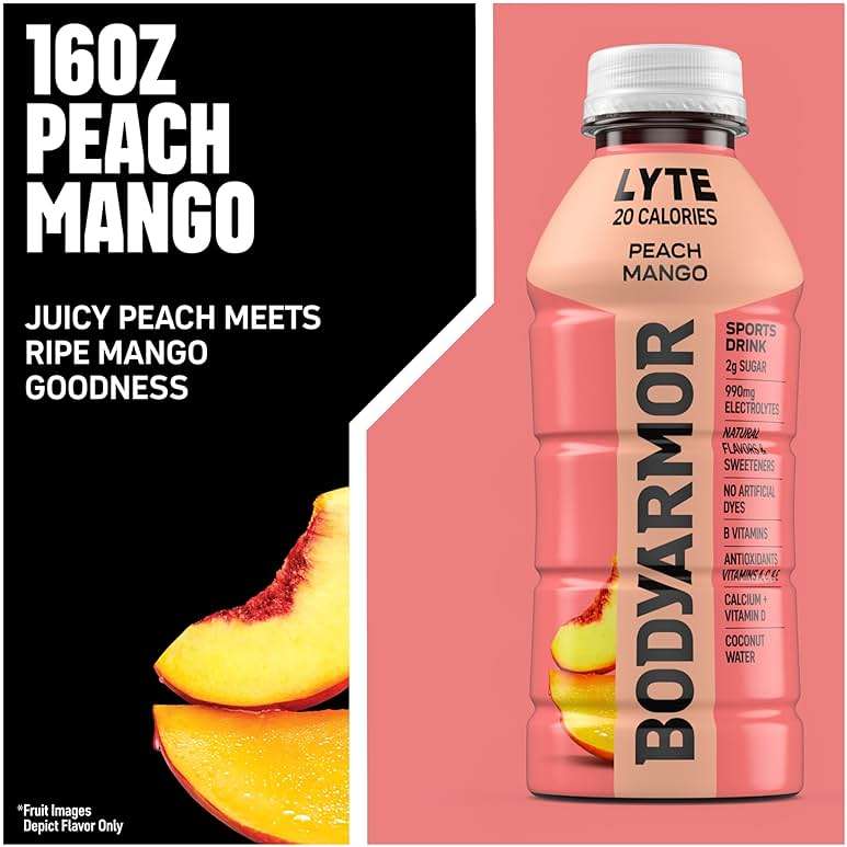 BODYARMOR LYTE, Peach Mango, Electrolyte Drink, 20 Calories, 16 Fl Oz Bottles (12 Pack), Coconut Water Sports Drink, Natural Flavor & B Vitamins - Image 3