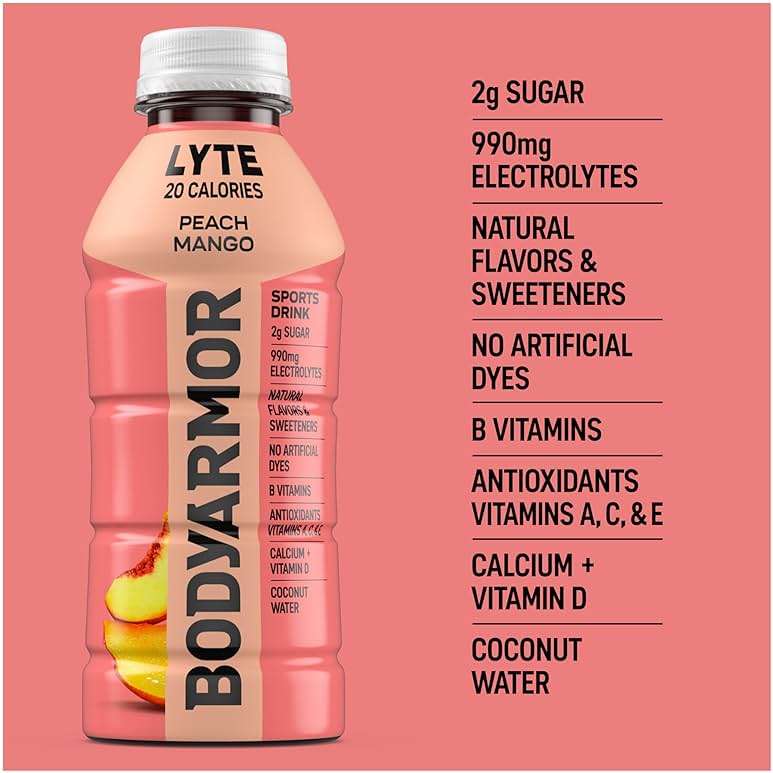 BODYARMOR LYTE, Peach Mango, Electrolyte Drink, 20 Calories, 16 Fl Oz Bottles (12 Pack), Coconut Water Sports Drink, Natural Flavor & B Vitamins - Image 7
