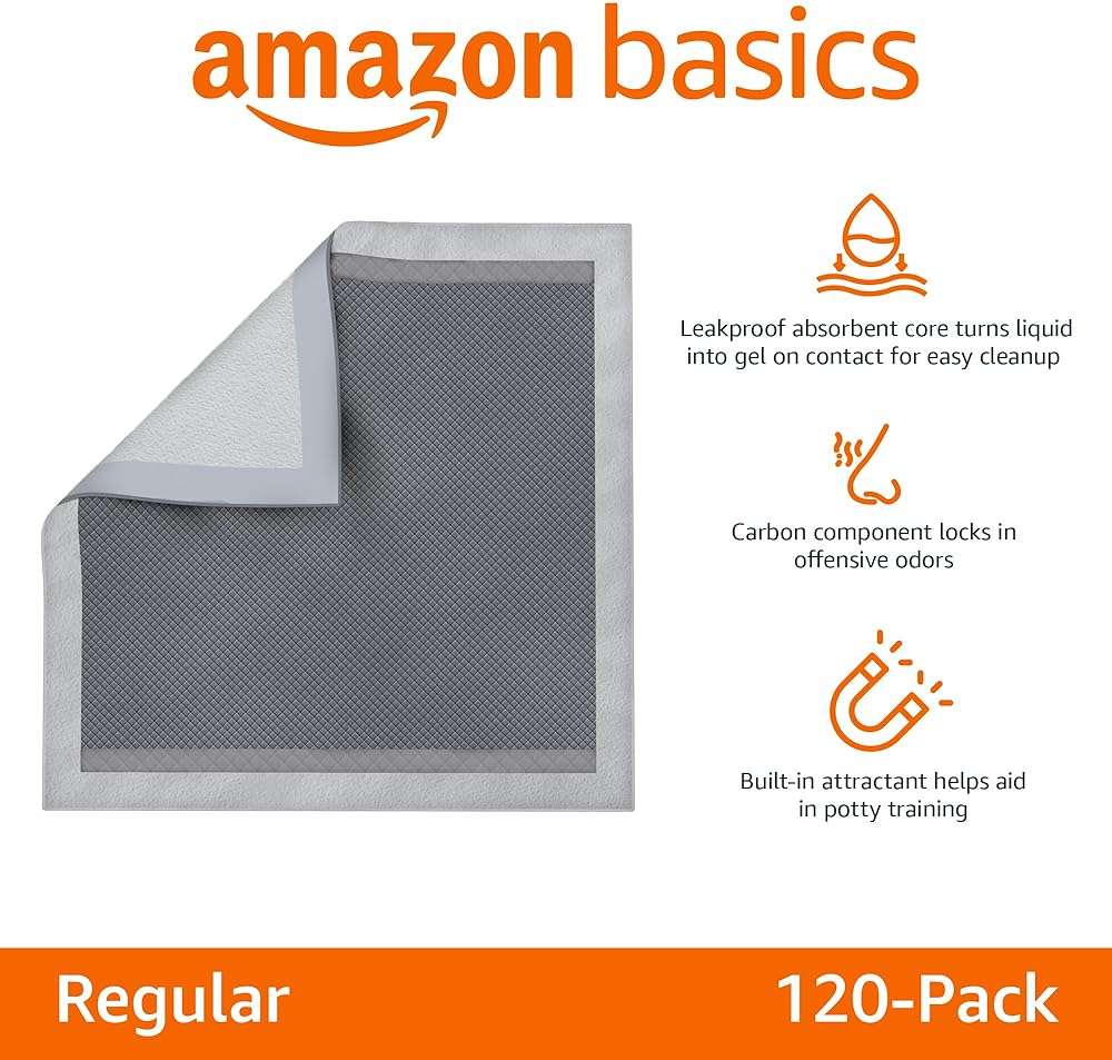 Amazon Basics Carbon Odor Control Dog and Puppy Pee Pads, 5-Layer Leak-Proof Super Absorbent, Quick-Dry Surface for Potty Training, Regular Size 22"x22", Gray, 120 Count - Image 2