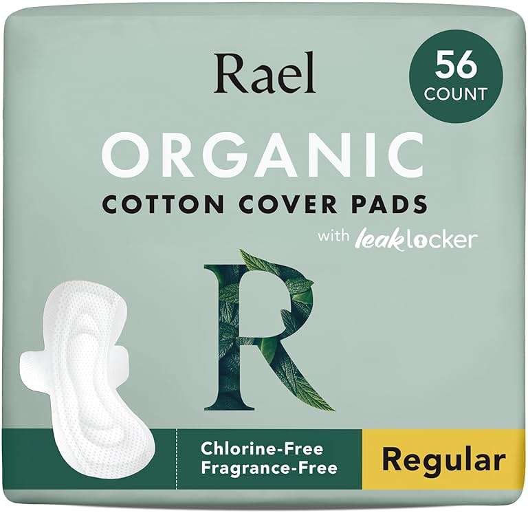 Rael Pads for Women, Organic Cotton Cover - Moderate Absorbency, Feminine Care, Ultra Thin, Sanitary Napkins with Wings, Unscented (Regular, 56 Total) - Image 1