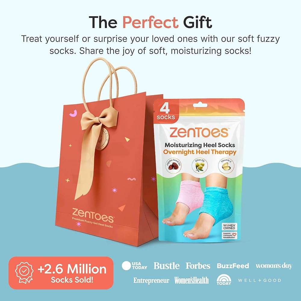 ZenToes Moisturizing Socks for Cracked Heel Treatment, Vitamin E, Olive Oil and Jojoba Oil Infused Heel Socks, Spa Gifts for Women, Relaxation Gifts for Women (Fuzzy Blue and Pink, Regular) - Image 8