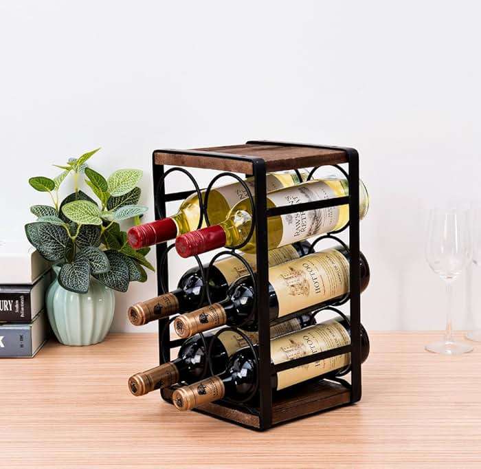 SODUKU Rustic Wood Countertop Wine Rack 6 Bottles No Need Assembly Brown - Image 2