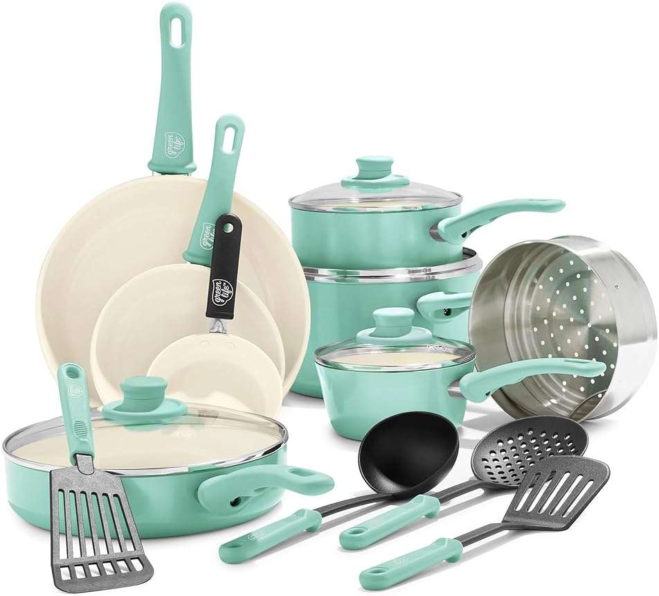 GreenLife Soft Grip 16 Piece Cookware Set, Non-Toxic PFAS-Free Ceramic Nonstick, Pots, Frying, Sauce, Saute, Glass Lids, Stay-Cool Handles, Wobble Free Bases, Dishwasher & Oven Safe, Turquoise - Image 1