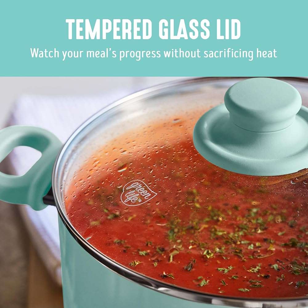 GreenLife Soft Grip 16 Piece Cookware Set, Non-Toxic PFAS-Free Ceramic Nonstick, Pots, Frying, Sauce, Saute, Glass Lids, Stay-Cool Handles, Wobble Free Bases, Dishwasher & Oven Safe, Turquoise - Image 8