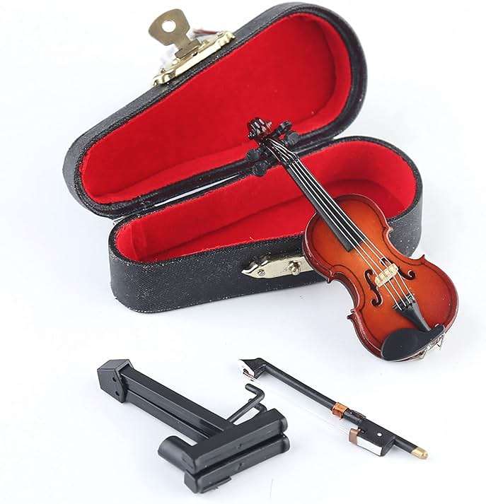 Dselvgvu Wooden Miniature Violin with Stand, Bow and Case Mini Musical Instrument Violin Replica Collectible Figurines Dollhouse Accessories Model Home Decoration Display Ornament (3.15"x1.18"x0.59") - Image 1