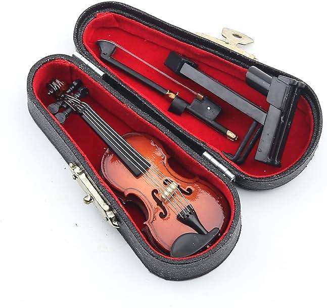 Dselvgvu Wooden Miniature Violin with Stand, Bow and Case Mini Musical Instrument Violin Replica Collectible Figurines Dollhouse Accessories Model Home Decoration Display Ornament (3.15"x1.18"x0.59") - Image 4
