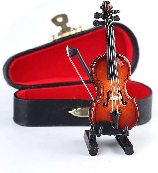 Dselvgvu Wooden Miniature Violin with Stand, Bow and Case Mini Musical Instrument Violin Replica Collectible Figurines Dollhouse Accessories Model Home Decoration Display Ornament (3.15"x1.18"x0.59") - Image 5