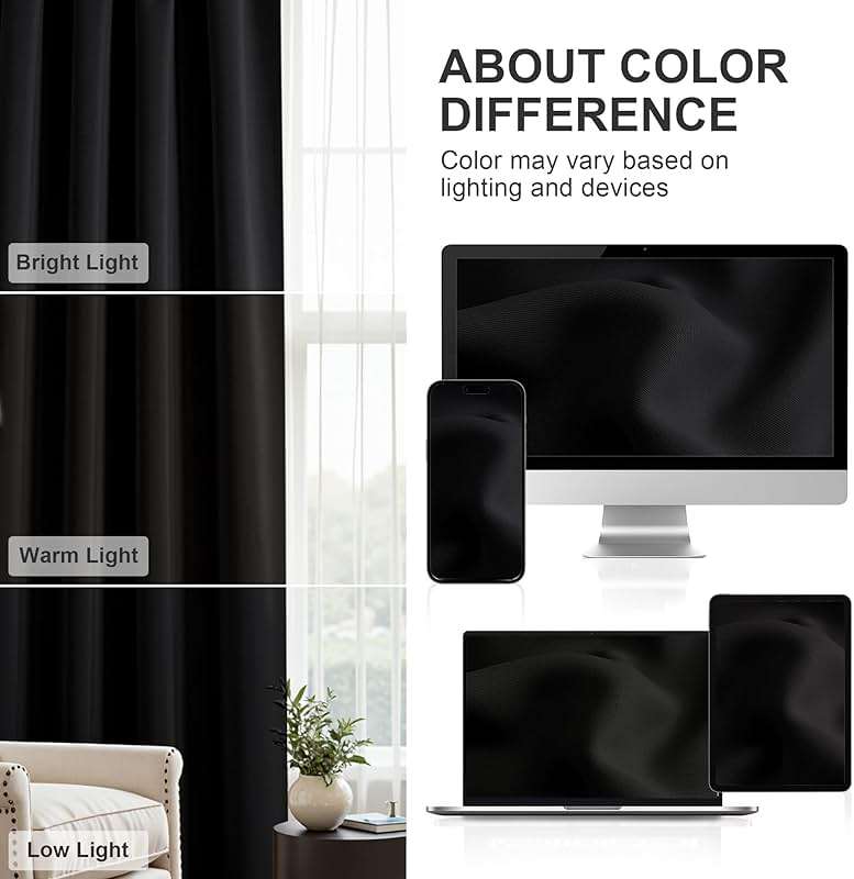 PONY DANCE Kitchen Window Curtains Over Sink, Short Blackout Bathroom Window Curtains, Thermal Insulated Rod Pocket Home Decor Drapes for Bedroom Small Window(2 Panels Set, Black, 42" W x 45" L) - Image 8