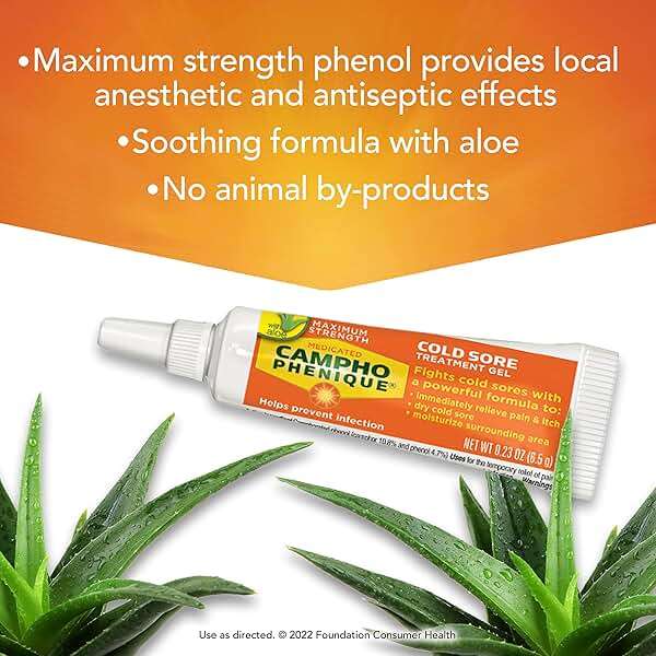 Campho Phenique Maximum Strength Cold Sore and Fever Blister Treatment Gel with Aloe for Lips, Cold Sore Treatment Gel, Instant Relief, Helps Prevent Infection To Promote Healing, 0.23 Oz - Image 6