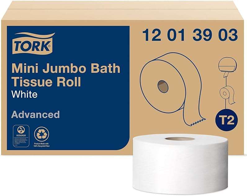 Tork Mini Jumbo Toilet Paper Roll White T2, Advanced, 1-Ply, 12 x 1200', 12013903 - Image 1