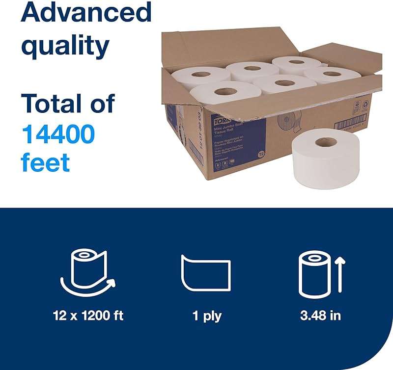 Tork Mini Jumbo Toilet Paper Roll White T2, Advanced, 1-Ply, 12 x 1200', 12013903 - Image 2