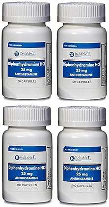 Diphenhydramine 25 mg Generic Benadryl Allergy Medicine and Antihistamine 100 Capsules per Bottle Pack of 4 - Image 1