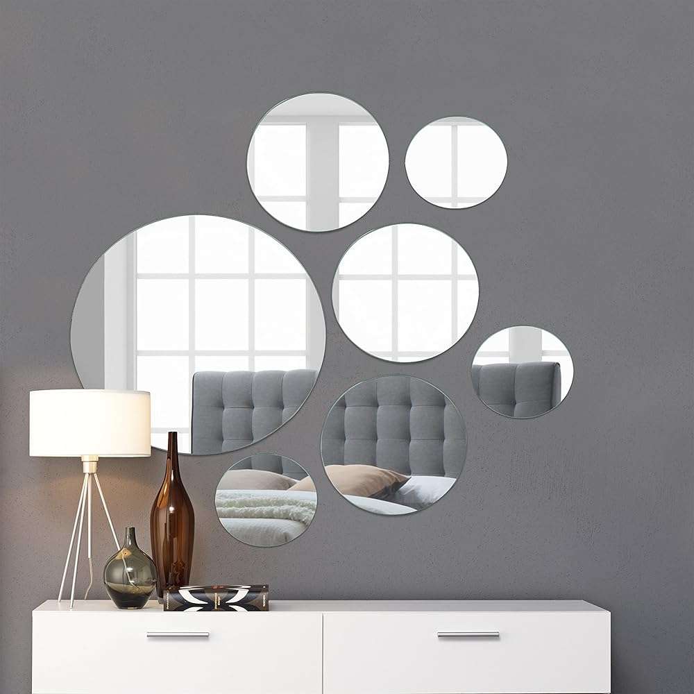 Light In The Dark Medium Round Mirror Wall Mounted Assorted Sizes (1x10”, 3x7”, 3x4”) - Set of 7 Round Glass Mirrors Wall Decoration for Living Room, Bedroom or Bathroom. - Image 1