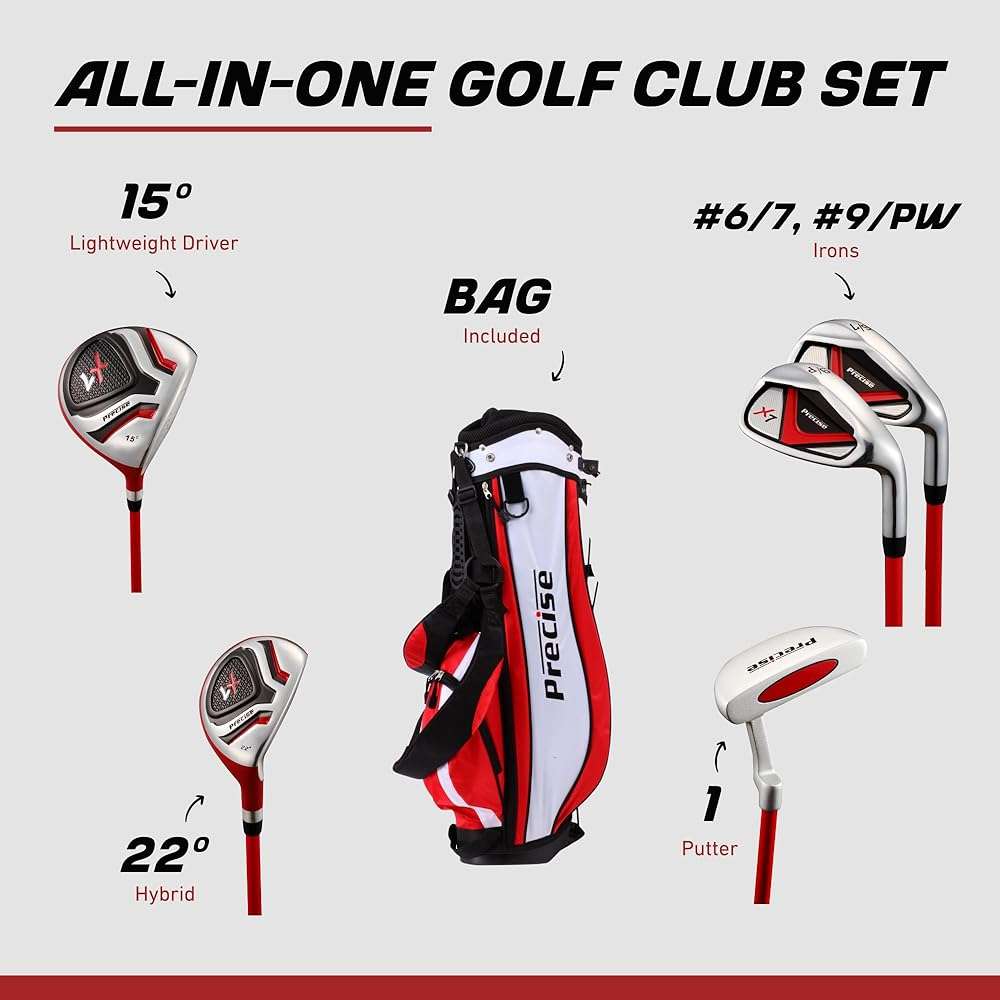 Precise X7 Kids Golf Clubs Set – Boys’ & Girls’ Junior Golf Set with Lightweight Graphite Shafts, Hybrid, Putter & Stand Bag - Image 2