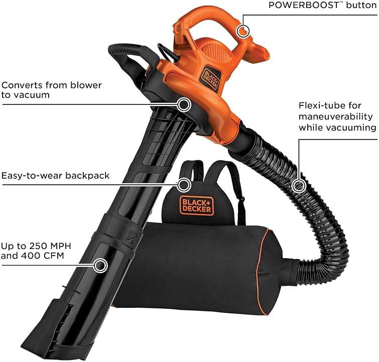 BLACK+DECKER Leaf Blower, Leaf Vacuum and Mulcher 3 in 1, Backpack Blowers for Lawn Care,250 mph Airflow, 400 cfm Delivery Power, Reusable Bag Included, Corded (BEBL7000) - Image 4