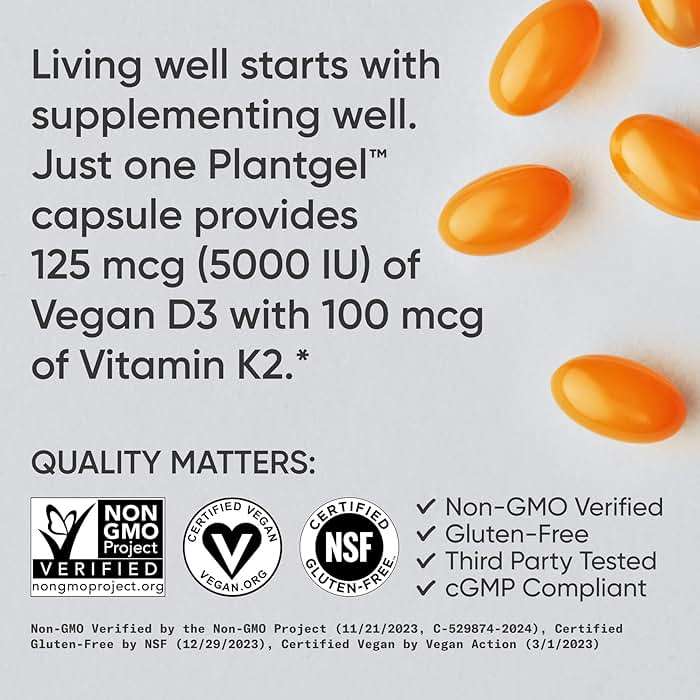 Sports Research® Vitamin D3 + K2 w/ Coconut Oil - Vegan Vitamin D 5000iu & Mk7 Vitamin K 100mcg for Bone & Immune Support - Vegan Certified · Non-GMO · Soy Free - 60 Softgels - Image 4