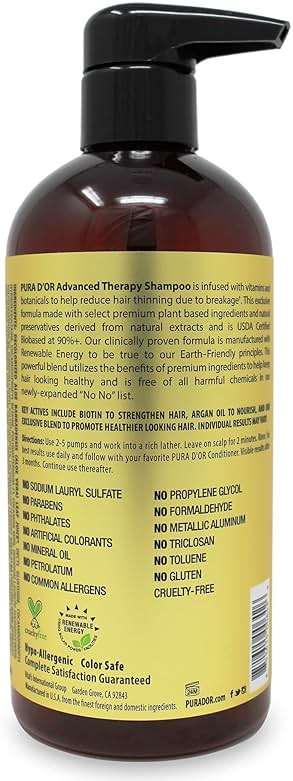 PURA D'OR Advanced Therapy Shampoo Reduces Hair Thinning & Increases Volume, No SLS, Biotin Shampoo Infused w/Argan Oil, Aloe Vera for All Hair Types, Men & Women, Invigorating Forest Scent 16 Fl Oz - Image 2