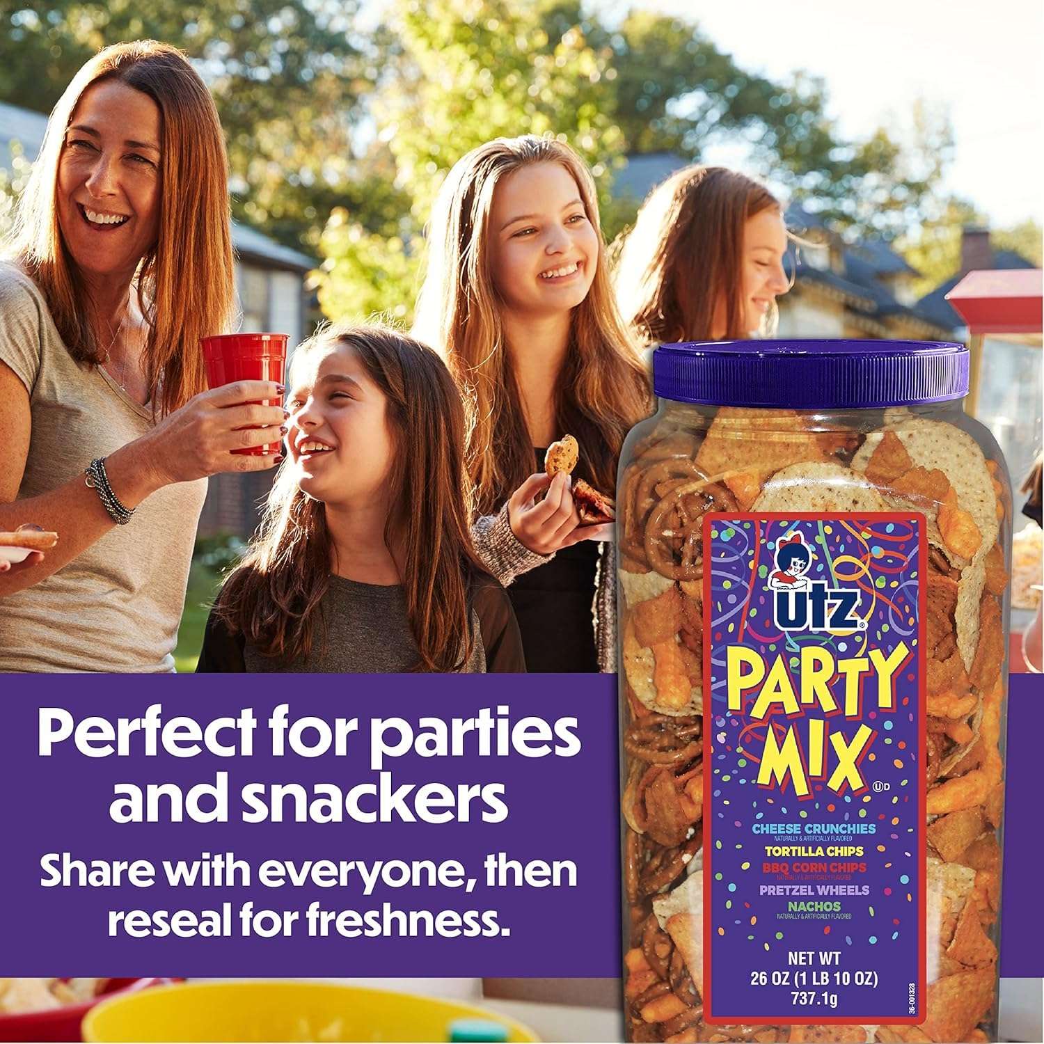 Utz Party Mix - Tasty Snack Mix Includes Corn Tortillas, Nacho Tortillas, Pretzels, BBQ Corn Chips and Cheese Curls, Cholesterol Free and Trans-Fat Free, 1.62 Pound (Pack of 1) - Image 7