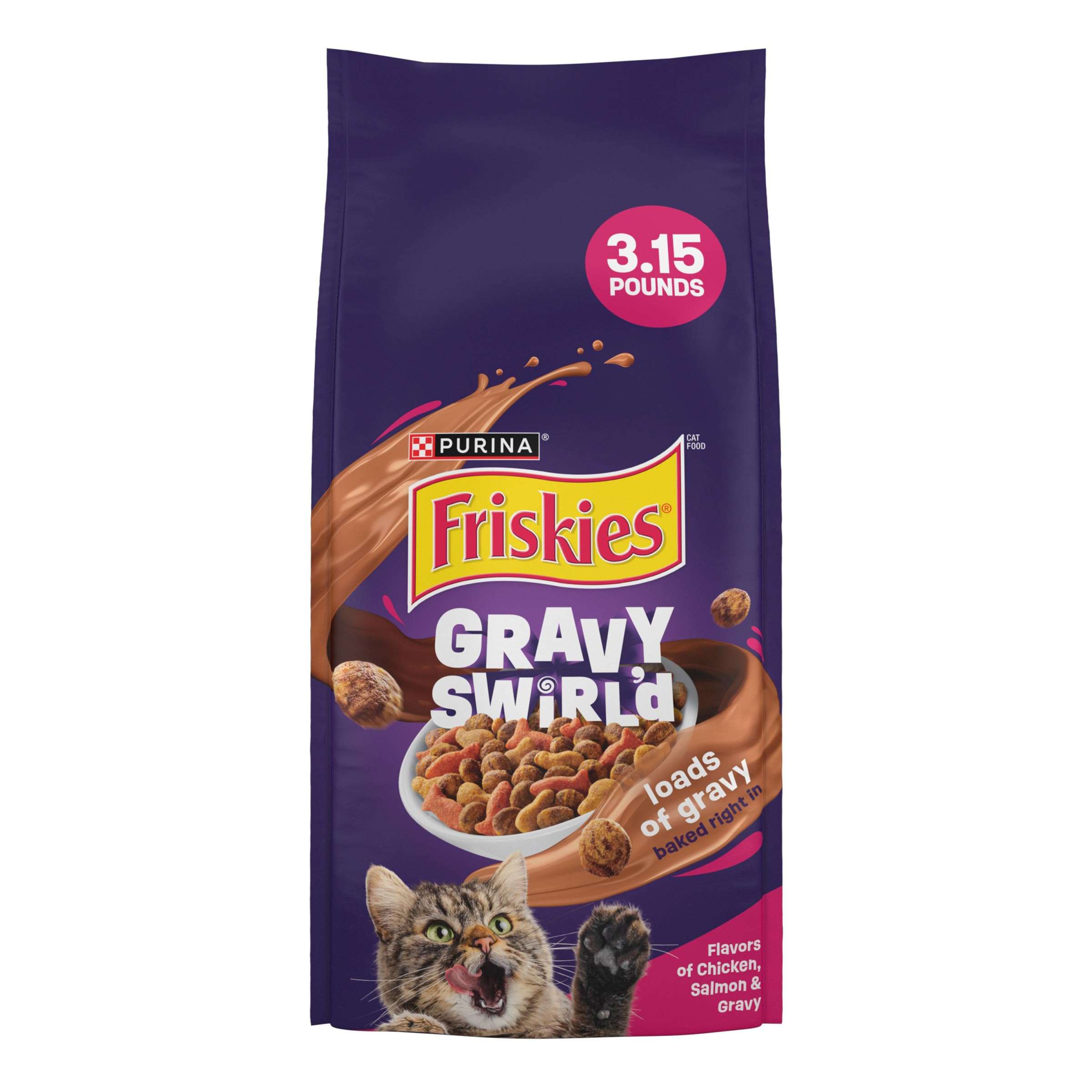 Purina Friskies Gravy Swirlers With Flavors of Chicken, Salmon and Gravy Dry Cat Food - 3.15 lb. Bag - Image 1
