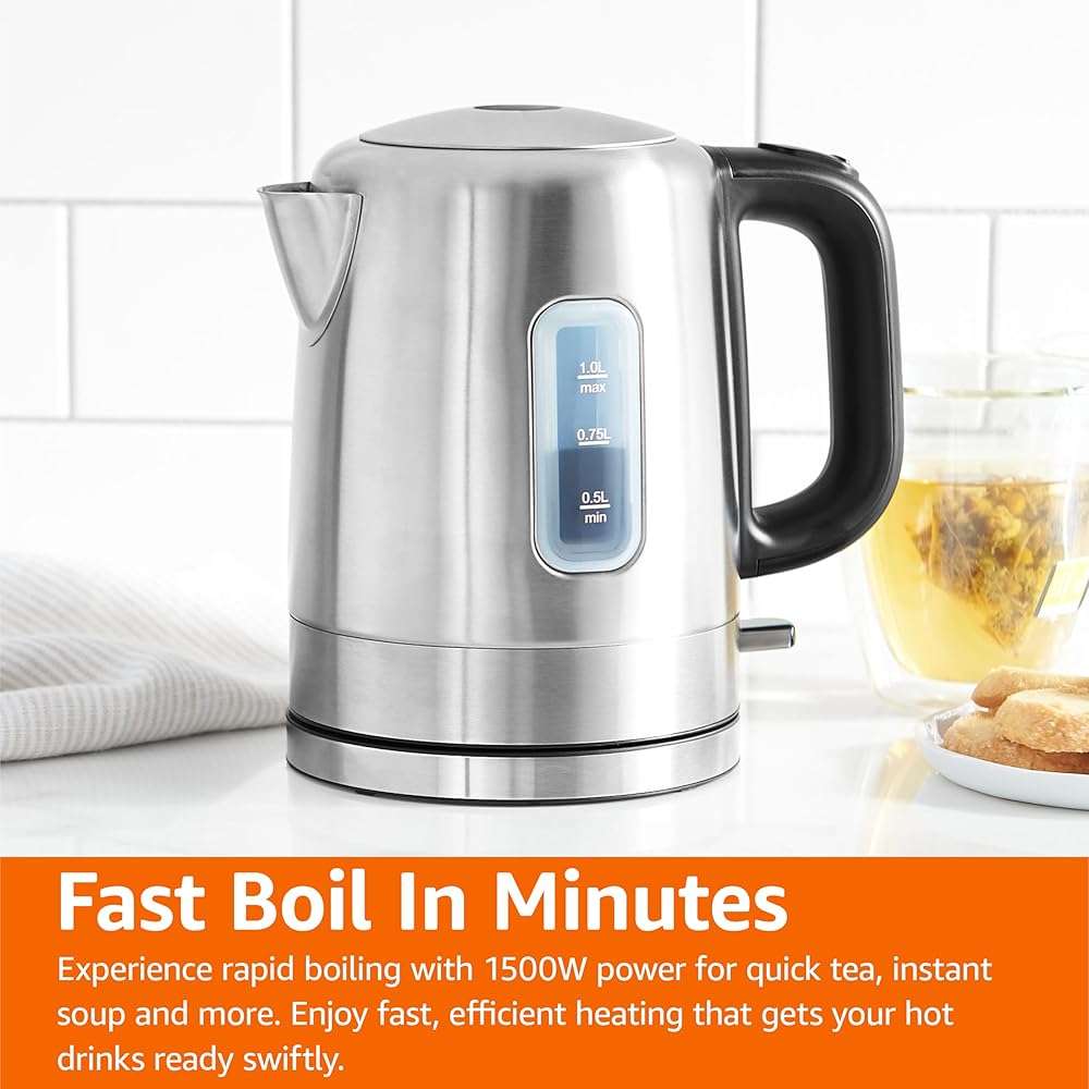 Amazon Basics Electric Stainless Steel Kettle for Tea and Coffee, BPA-Free, Fast Boiling, Auto Shut-Off, 1 Liter, 1500W, Black and Silver - Image 6