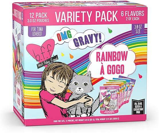 Weruva B.F.F. OMG - Best Feline Friend Oh My Gravy!, Rainbow A Gogo Variety Pack! Cat Food, 3oz Pouch (Pack of 12) - Image 1
