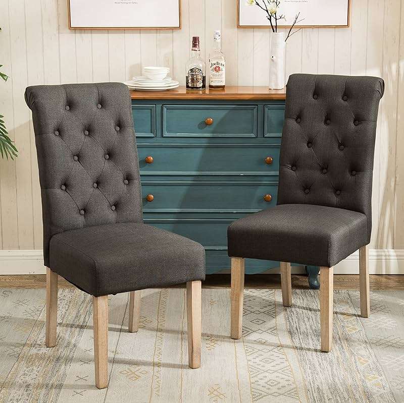 Roundhill Furniture Habit Solid Wood Tufted Parsons Charcoal Dining Chair, Set of 2 - Image 1