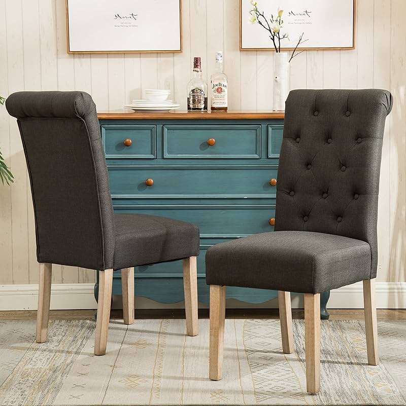 Roundhill Furniture Habit Solid Wood Tufted Parsons Charcoal Dining Chair, Set of 2 - Image 2
