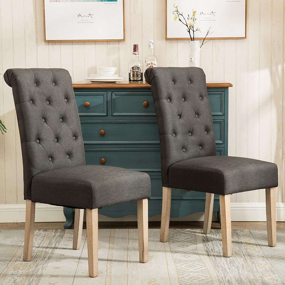 Roundhill Furniture Habit Solid Wood Tufted Parsons Charcoal Dining Chair, Set of 2 - Image 3