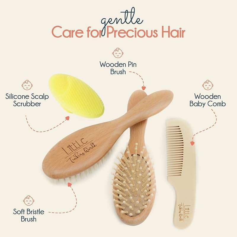 Little Tinkers World Baby Hair Brush and Comb Set 4-Piece Natural Wooden Set with Soft Goat Bristle Brush, Cradle Cap Brush & Comb Newborn Baby Registry Gift for Boys and Girls - Image 3