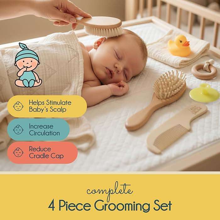 Little Tinkers World Baby Hair Brush and Comb Set 4-Piece Natural Wooden Set with Soft Goat Bristle Brush, Cradle Cap Brush & Comb Newborn Baby Registry Gift for Boys and Girls - Image 6