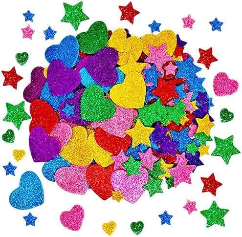 260 Pieces Colorful Glitter Foam Stickers Self Adhesive Stars Mini Heart Shapes Glitter Stickers, Arts Craft Supplies for Greeting Cards Home Decoration Stars&Heart Shapes - Image 1