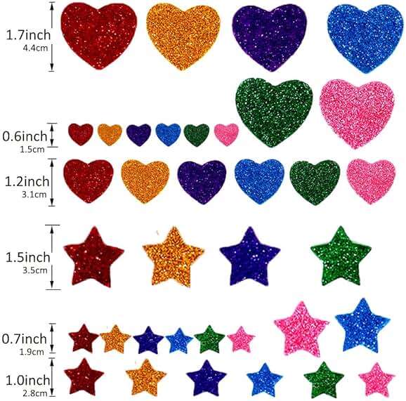 260 Pieces Colorful Glitter Foam Stickers Self Adhesive Stars Mini Heart Shapes Glitter Stickers, Arts Craft Supplies for Greeting Cards Home Decoration Stars&Heart Shapes - Image 3