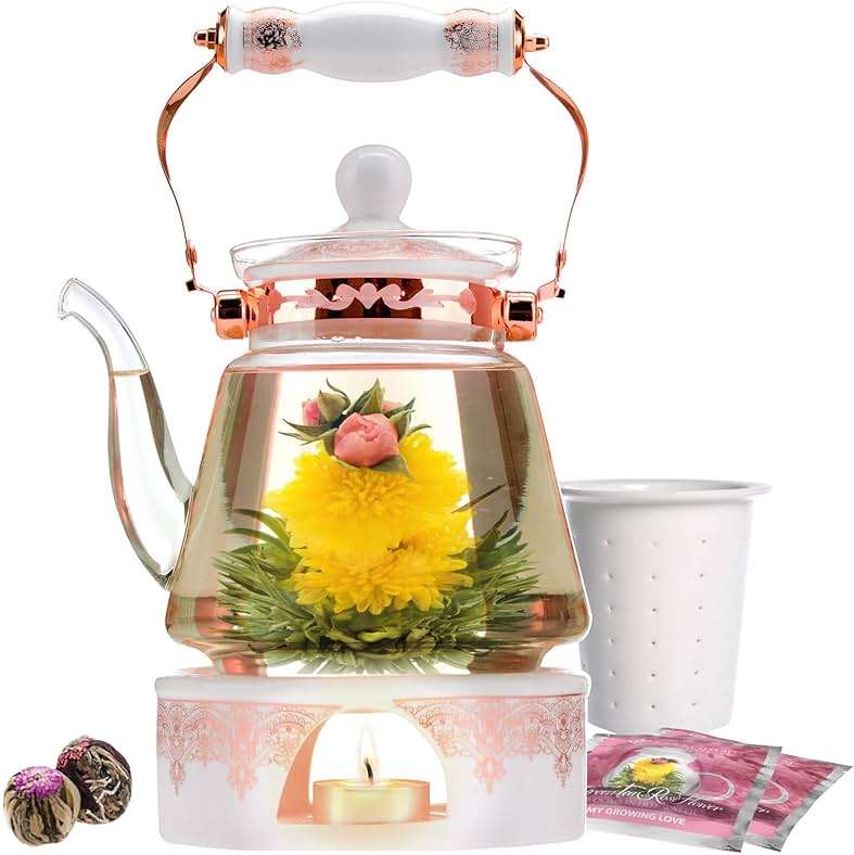 Teabloom Buckingham Palace Teapot & Flowering Tea Gift Set (6 Pieces) - Stovetop Safe Glass Teapot (40 OZ / 1.2 L / 4-5 CUPS), Porcelain Lid, Tea Warmer, Loose Tea Infuser, 2 Gourmet Rose Tea Flowers - Image 1