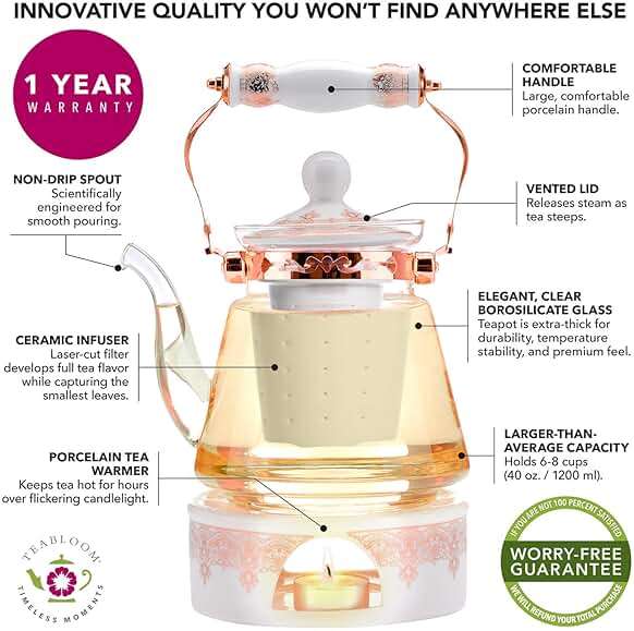 Teabloom Buckingham Palace Teapot & Flowering Tea Gift Set (6 Pieces) - Stovetop Safe Glass Teapot (40 OZ / 1.2 L / 4-5 CUPS), Porcelain Lid, Tea Warmer, Loose Tea Infuser, 2 Gourmet Rose Tea Flowers - Image 2