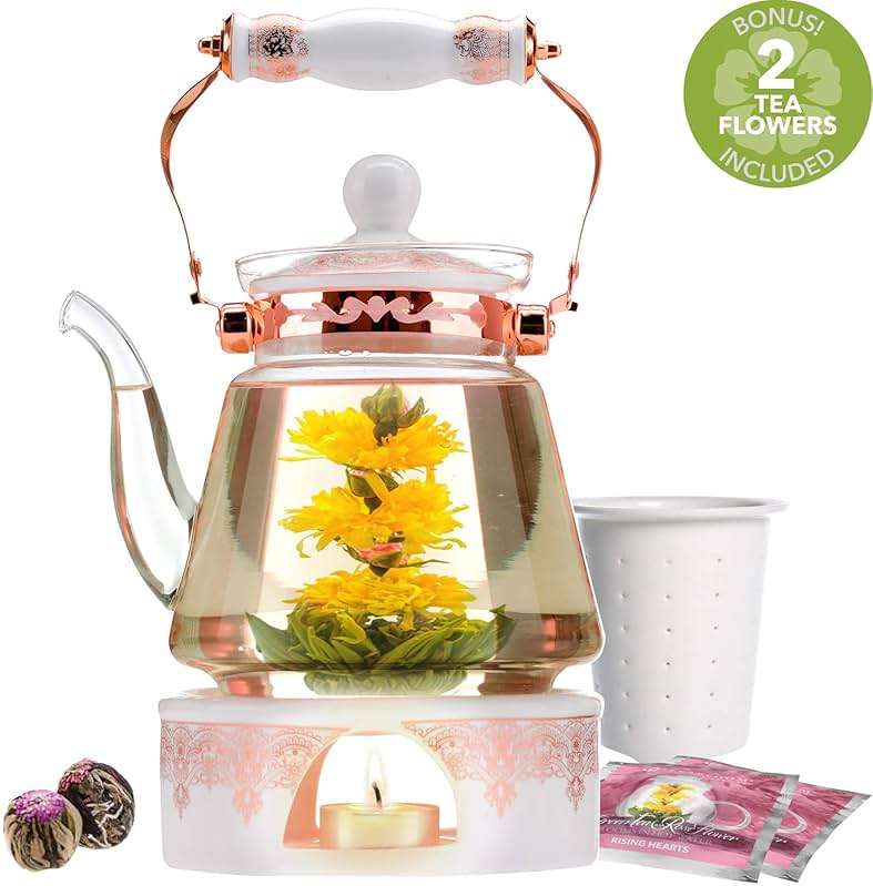 Teabloom Buckingham Palace Teapot & Flowering Tea Gift Set (6 Pieces) - Stovetop Safe Glass Teapot (40 OZ / 1.2 L / 4-5 CUPS), Porcelain Lid, Tea Warmer, Loose Tea Infuser, 2 Gourmet Rose Tea Flowers - Image 3