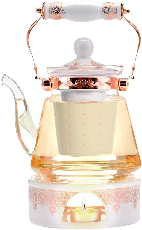 Teabloom Buckingham Palace Teapot & Flowering Tea Gift Set (6 Pieces) - Stovetop Safe Glass Teapot (40 OZ / 1.2 L / 4-5 CUPS), Porcelain Lid, Tea Warmer, Loose Tea Infuser, 2 Gourmet Rose Tea Flowers - Image 4