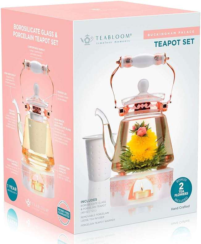 Teabloom Buckingham Palace Teapot & Flowering Tea Gift Set (6 Pieces) - Stovetop Safe Glass Teapot (40 OZ / 1.2 L / 4-5 CUPS), Porcelain Lid, Tea Warmer, Loose Tea Infuser, 2 Gourmet Rose Tea Flowers - Image 5