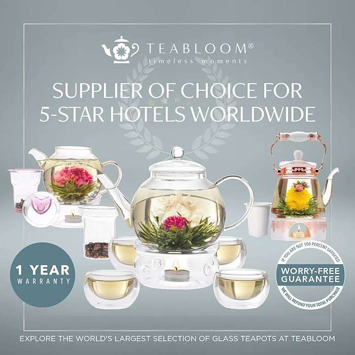 Teabloom Buckingham Palace Teapot & Flowering Tea Gift Set (6 Pieces) - Stovetop Safe Glass Teapot (40 OZ / 1.2 L / 4-5 CUPS), Porcelain Lid, Tea Warmer, Loose Tea Infuser, 2 Gourmet Rose Tea Flowers - Image 6