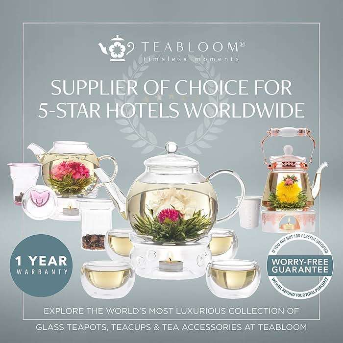 Teabloom Buckingham Palace Teapot & Flowering Tea Gift Set (6 Pieces) - Stovetop Safe Glass Teapot (40 OZ / 1.2 L / 4-5 CUPS), Porcelain Lid, Tea Warmer, Loose Tea Infuser, 2 Gourmet Rose Tea Flowers - Image 7