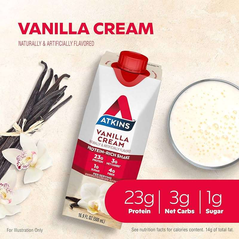 Atkins Vanilla Cream Meal Size Protein Shake, 23g Protein, Low Glycemic, 3g Carb, 1g Sugar, Keto Friendly - Image 2